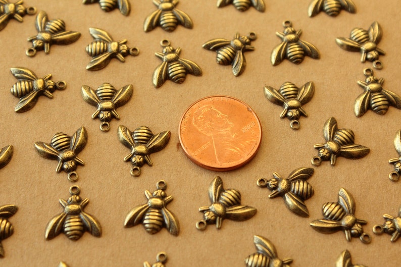 10 pc. Medium Antique Brass Plated Bee Charms: 12mm by 13mm made in USA AB-310 image 4