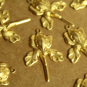 May include: A set of eight gold-toned metal iris flower charms. The charms are detailed with intricate designs and have a loop at the top for attaching to jewelry or other crafts.