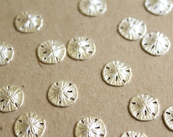 8 pc. Tiny Silver Plated Brass Sand Dollars: 11mm by 11mm - made in USA | SI-084