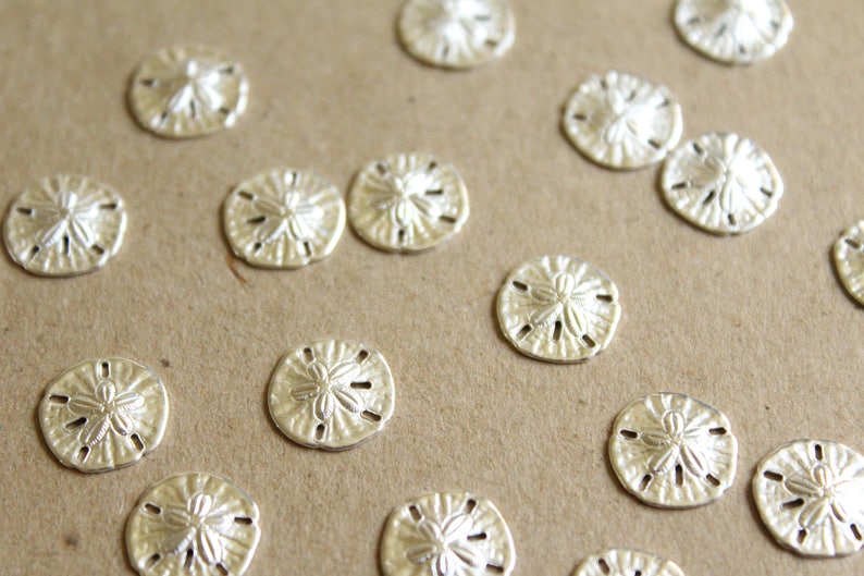 8 pc. Tiny Silver Plated Brass Sand Dollars: 11mm by 11mm made in USA SI-084 image 1