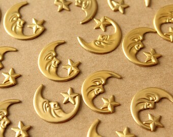 12 pc. Raw Brass Moon and Star Stampings: 18.5mm by 16mm - Made in USA | RB-1411