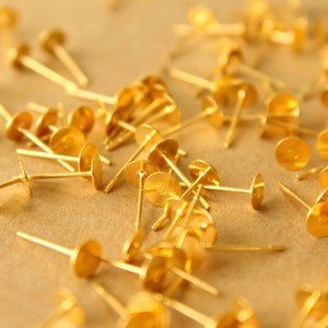 100 pc. Gold Plated Stainless Steel Earring Posts with Raw Brass Pads, 5mm pad FI-665 image 5