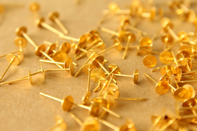 100 pc. Gold Plated Stainless Steel Earring Posts with Raw Brass Pads, 5mm pad FI-665 image 5