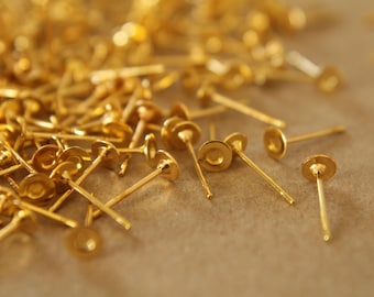 100 pc. Gold plated earring posts, 4mm pad | FI-006