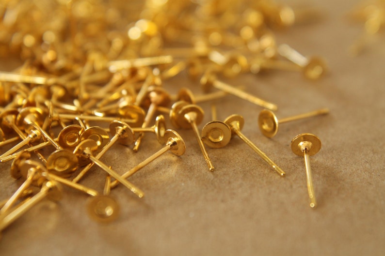 100 pc. Gold plated earring posts, 4mm pad FI-006 image 1