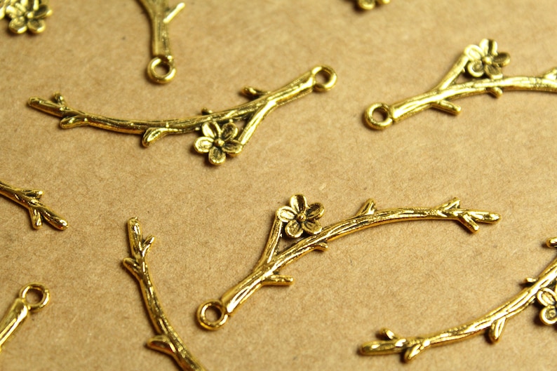 15 pc. Tibetan Style Flowering Branch Charms Pendants Antique Gold, 47mm x 9mm MIS-232 image 1