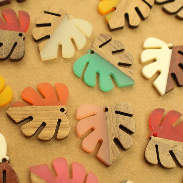 2 pc. Resin and Wood Monstera Leaf Pendants, 30mm by 28mm, Multiple Colors Available | MIS-329