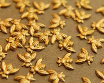 12 pc. Tiny Raw Brass Bees: 7mm by 6mm - made in USA * Also available in 60 and 120 piece * | RB-025