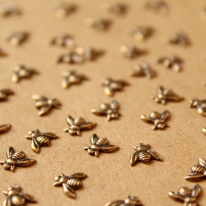 May include: A close-up of a brown surface covered with small, gold-colored bee-shaped metal charms.