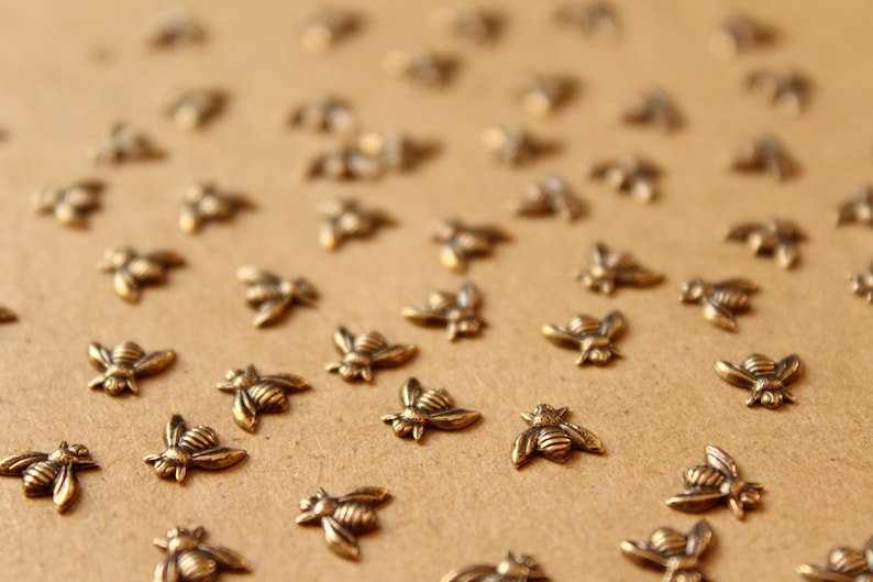 May include: A close-up of a brown surface covered with small, gold-colored bee-shaped metal charms.