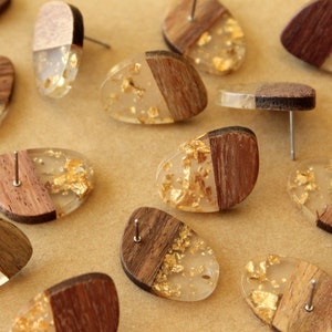 4 pc. Resin and Wood Earring Posts with Gold Foil, 23mm by 10mm FI-676 image 1