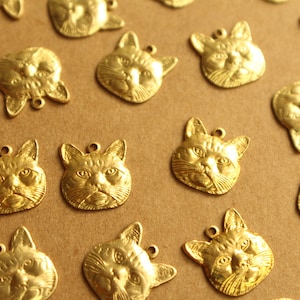 6 pc. Raw Brass Cat Head Charms: 13mm by 14mm - made in USA | RB-1326