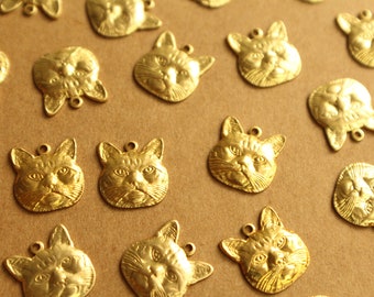 6 pc. Raw Brass Cat Head Charms: 13mm by 14mm - made in USA | RB-1326