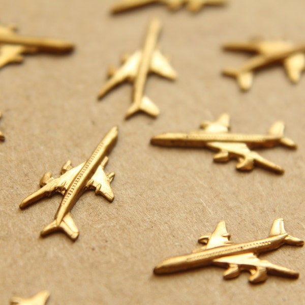 8 pc. Tiny Raw Brass Airplane Charms: 16mm by 8mm - made in USA | RB-695