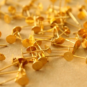 100 pc. Gold Plated Stainless Steel Earring Posts with Raw Brass Pads, 5mm pad FI-665 image 3