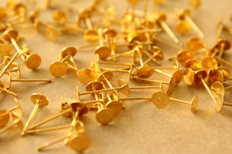 100 pc. Gold Plated Stainless Steel Earring Posts with Raw Brass Pads, 5mm pad FI-665 image 3