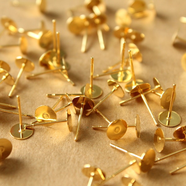 50 pc. Gold Plated Stainless Steel Earring Posts, 6mm pad | FI-378*