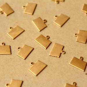 May include: A collection of gold-colored metal charms in the shape of a state outline. The charms are scattered on a brown surface.