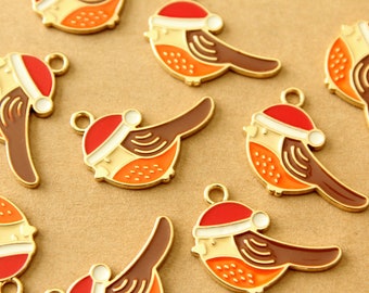 5 pc. Enameled Orange and Brown Bird with Hat Charms, 25mm x 23mm | MIS-446