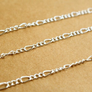 May include: Close-up of three silver Figaro chains. The chains have a repeating pattern of elongated oval links alternating with two or three smaller circular links. The chains are displayed on a tan background.