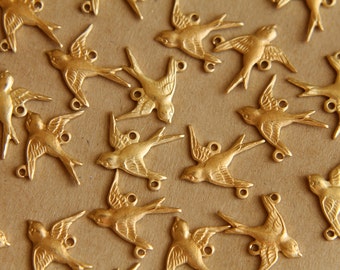6 pc. Raw Brass Bird Charm Facing Left, Two Hole Top/Bottom Connector - made in USA Sparrow Swallow Songbird Flying West Birds | RB-476