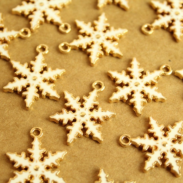 8 pc. Enameled White and Gold Snowflake Charms, 24.5mm by 14mm | MIS-056*