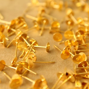 100 pc. Gold Plated Stainless Steel Earring Posts with Raw Brass Pads, 5mm pad FI-665 image 4