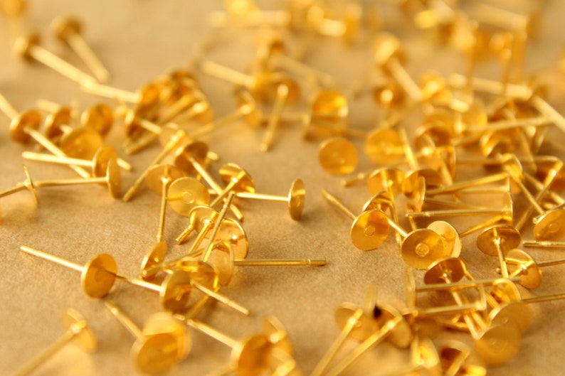 100 pc. Gold Plated Stainless Steel Earring Posts with Raw Brass Pads, 5mm pad FI-665 image 4