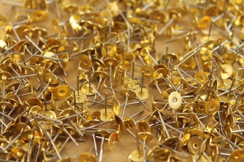 100 pc. Stainless steel earring posts with raw brass pads, 6mm pad Also available in 500 and 1000 piece FI-001 image 3