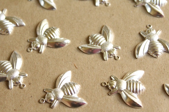 4 pc. Jumbo Silver Plated Brass Bee Charms: 25mm by 25mm - made in USA | SI-098
