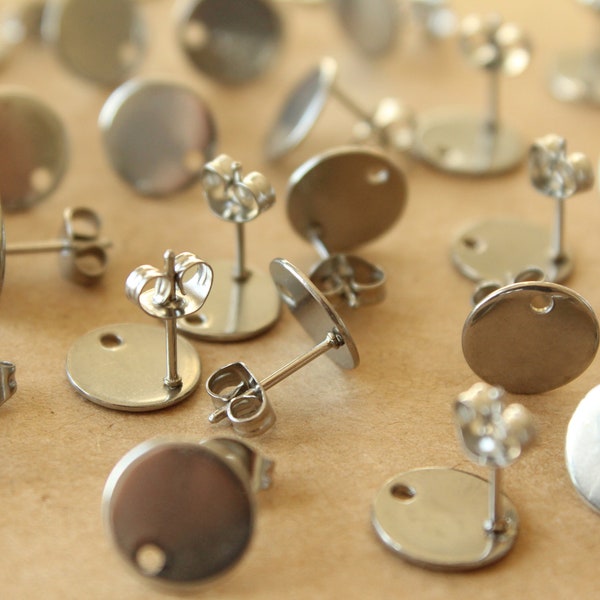 20 pc. Stainless Steel Round Disc with Hole Ear Post - 10mm Diameter | FI-634