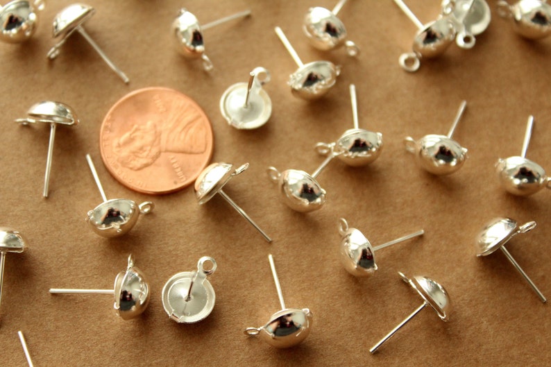 100 pc. Bright Silver Plated Half-Round Earring Posts with Loop FI-502 image 4