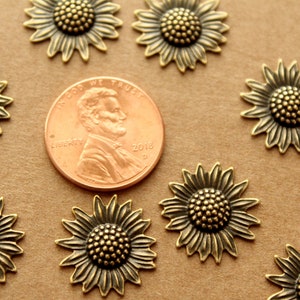 6 pc. Antique Brass Plated Sunflowers: 17mm by 16mm made in USA AB-138 image 4