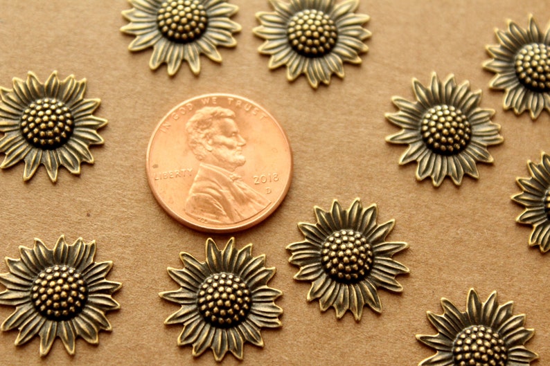 6 pc. Antique Brass Plated Sunflowers: 17mm by 16mm made in USA AB-138 image 4
