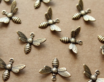 10 pc. Medium Antique Brass Plated Flying Bees with Loop: 17mm by 13mm - made in USA | AB-091