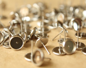 50 pc. 8mm Ear Post Blank Cabochon Setting Silver, Nickel Free | FI-167