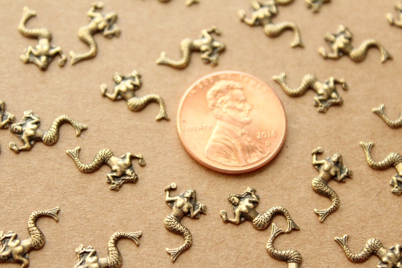 12 pc. Tiny Antique Brass Plated Mermaids: 13mm by 8mm made in USA AB-109 image 4