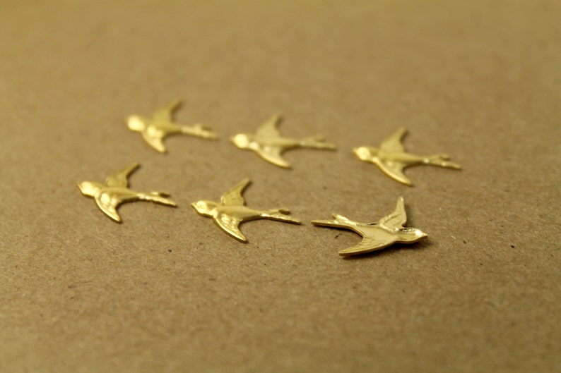 6 pc. Raw Brass Bird Charm Facing Left, No Loop made in USA Sparrow Swallow Songbird Flying West Spring Summer Birds Flight RB-038 image 3