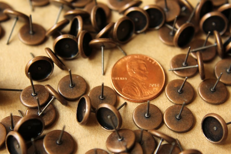 50 pc. 8mm Ear Post Blank Cabochon Setting Antique Copper FI-168 image 4