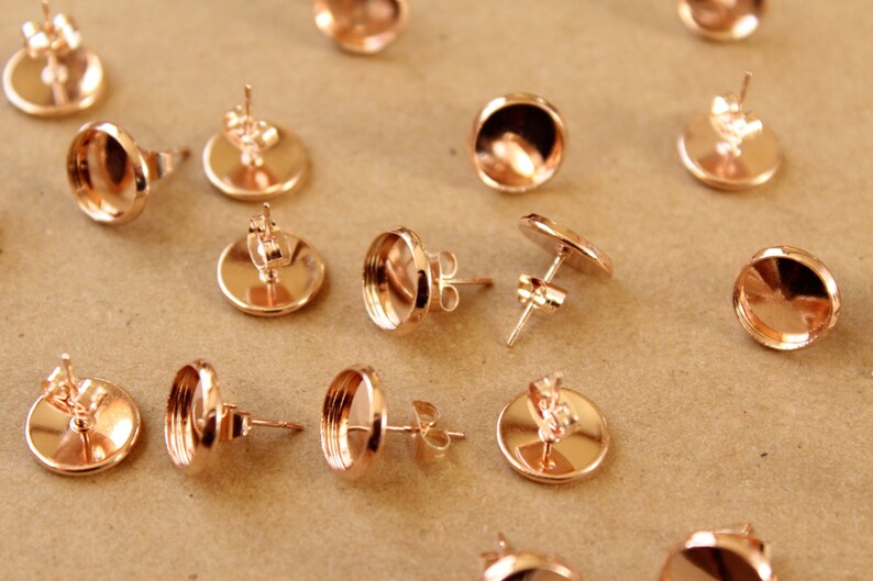 20 pc. 10mm Ear Post Blank Cabochon Setting Rose Gold, Nickel Free FI-300 image 2