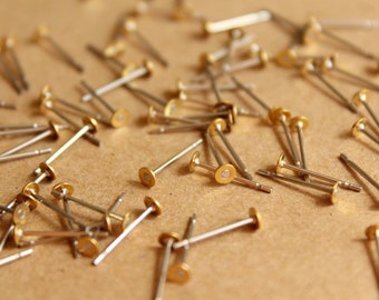 100 pc. Stainless steel earring posts with raw brass pads, 3mm pad * Also available in 500 piece * | FI-262