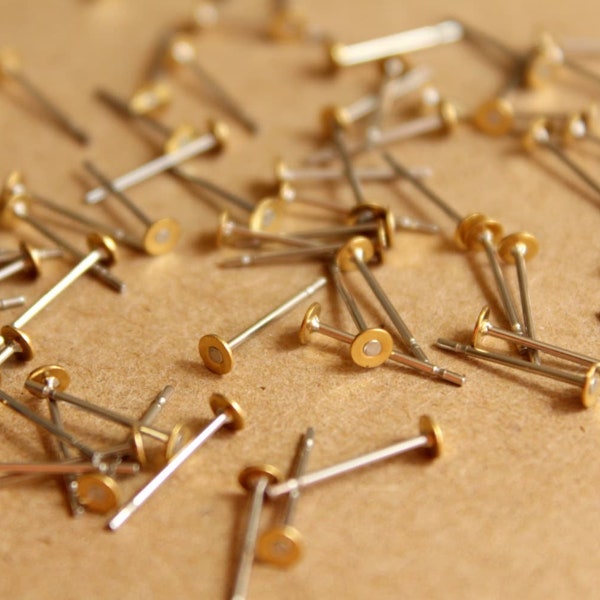 100 pc. Stainless steel earring posts with raw brass pads, 3mm pad * Also available in 500 piece * | FI-262
