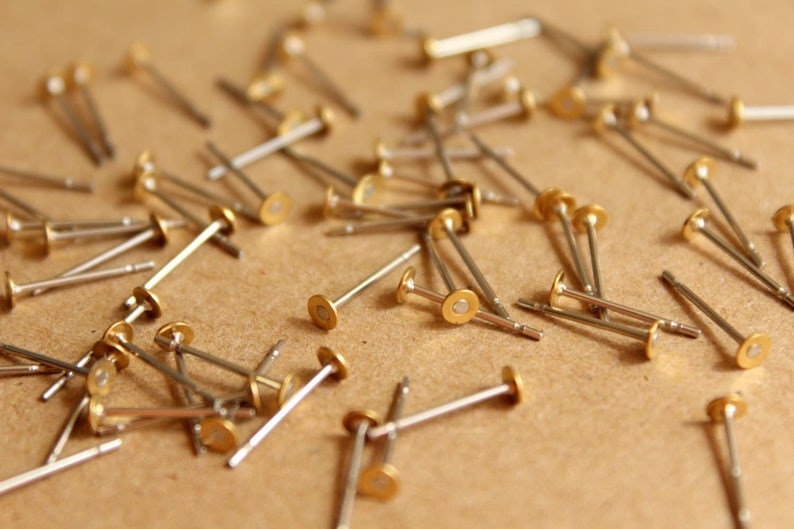 100 pc. Stainless steel earring posts with raw brass pads, 3mm pad Also available in 500 piece FI-262 image 1