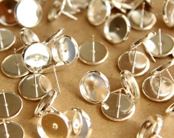 30 pc. 12mm Ear Post Blank Cabochon Setting Bright Silver, Nickel Free| FI-238