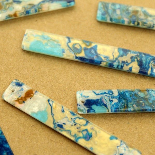 6 pc. Blue and White Marbled Cellulose Acetate Pendants, 53mm by 9mm | MIS-362