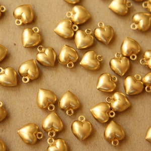 6 pc. Small Raw Brass Double Sided Puffed Heart Charms: 9mm by 7mm - made in USA | RB-616