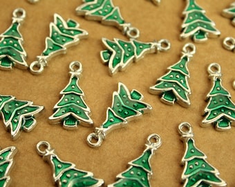 10 pc. Enameled Green and Silver Christmas Tree Charms: 23.5mm by 14mm | MIS-068