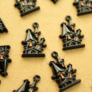 6 pc. Halloween Haunted House Charms, 23mm x 15mm Black Orange Enamel Spooky House Castle | MIS-167*