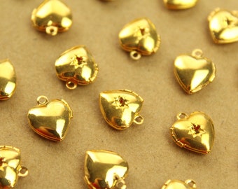 5 pc. Gold Plated Heart Lockets with Rhinestone Setting 12mm | LOC-001*