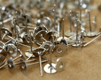 100 pc. Silver plated earring posts, 6mm pad, Nickel-free * Also available in 500 piece * | FI-011